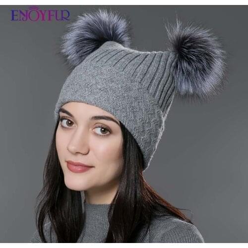 ENJOYFUR Winter beanies hats for women knitted wool cotton hat big fox raccoon fur pompom caps fashion female beanies