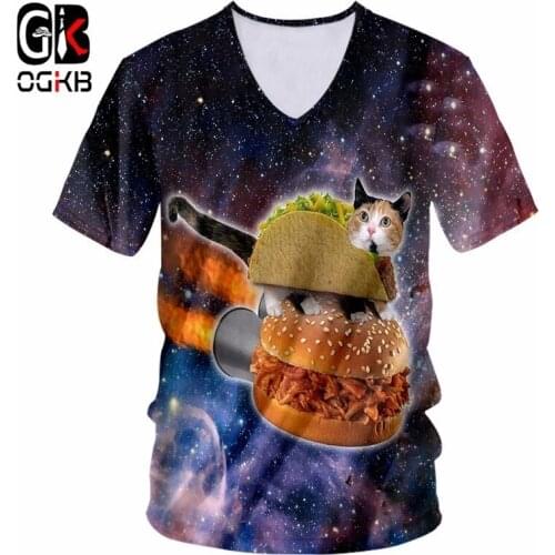 OGKB V Neck Tshirt Men/women Funny Print Hamburger Alien Cat 3d T-shirts Man Bodybuilding Fitness Casual Tee Shirt New Harajuku