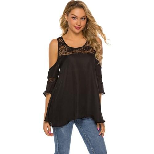 Casual Cold Shoulder T-Shirt Women Sexy Off Shoulder Pleated Irregular Hem Shirts Top Female Hollow Lace Patchwork Loose Tops