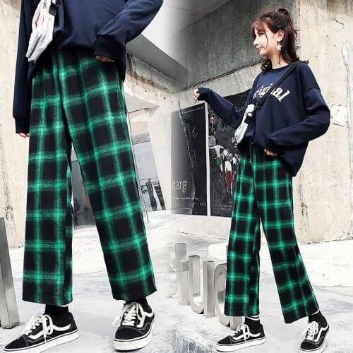 Plaid ankle length pants womens hiphop street shooting 2020 new Korean grils student casual straight wide-leg pants women