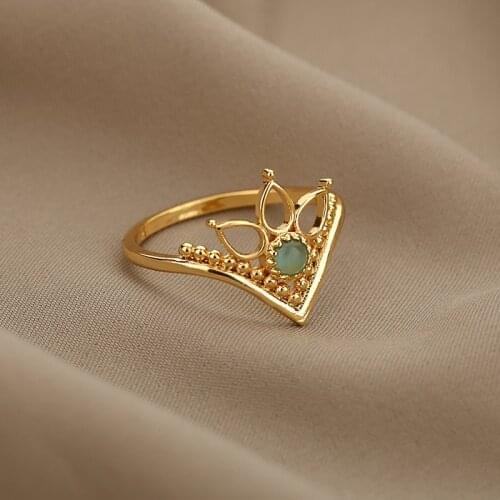 Crown Opal Rings For Women Stainless Steel Lotus Flowers Round Charm Ring Finger Wedding Accessories Jewelry Gift