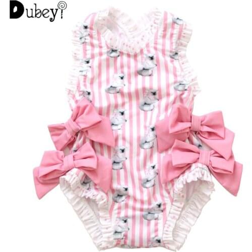 Toddler Girl Swimwear Pink Striped Koala Print Bow Baby Girl One Piece Outfit Summer Bathing Suits Kids Beach Party Costume