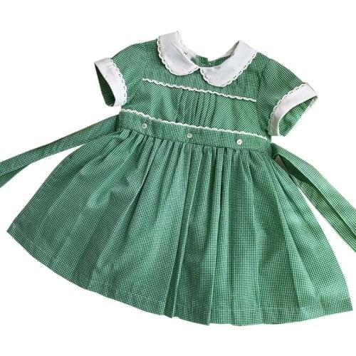Baby girl summer vintage green plaid puff sleeve embroidered princess dress cute peter pan collar birthday party dress