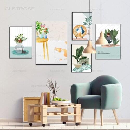 Literary Minimalist Cat Canvas Painting Nordic Home Decoration Poster Fresh Animals Flowers Art Wall Pictures For Living Room