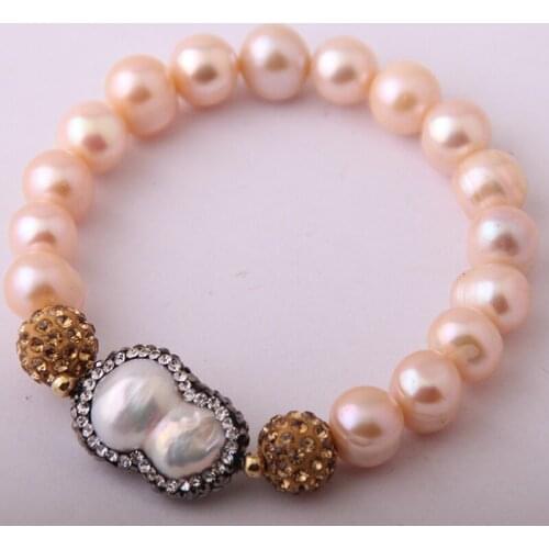 Fashion Pink Freshwater Pearl Strand Bracelet With Duard Pearl Crystal Ball Bracelet