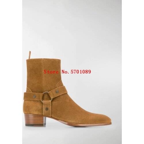 Man Wyatt Harness Boots In Suede Classic Harness Straps Boots Zip Closure Stacked Heel Grosgrain Pull Tab Shoes