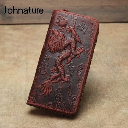 Johnature Retro Crazy Horse Leather Embossed Wallet 2020 New Dragon Pattern Long Men Wallets Card Holder Handmade Cowhide Purse