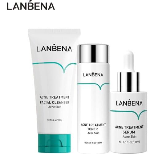 LANBENA 3pcs Acne Treatment Set Moisturizing Acne Removal Cleanser Serum Kits Pore Minimizer Serum Smooths Repair Skin Face Care