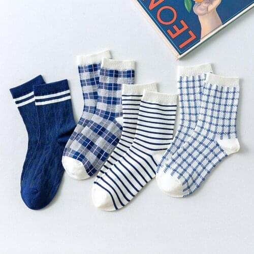 Women Socks Cotton White Blue Plaid Ladies Socks for girls Houndstooth Check Socks Striped Grids Tube Sock Vintage Meias Sox