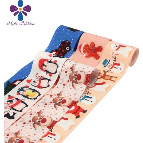7/8"22mm Christmas Atmosphere Cute Gingerbread Elk Printed Penguin Grosgrain Ribbon Gift Pack Hair Band Making 50yards/roll