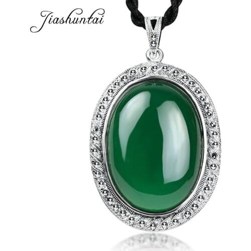 JIASHUNTAI Retro 925 Sterling Silver Green Black Natural Stone Pendant Necklace Jewelry For Women Gifts