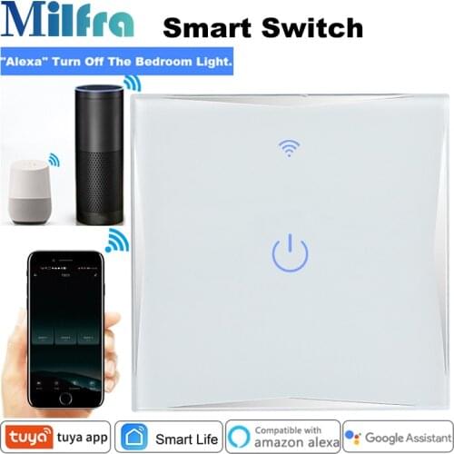 Milfra Wifi Internet Switch Neutral Wire Required Touch Voice Phone Control Glass 86 Light Switch for Alexa Tuya Smart Life App