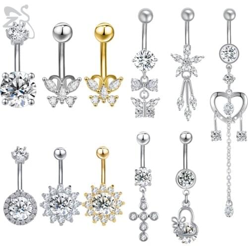 ZS 14g Crystal Belly Navel Piercing Stainless Steel Belly Button Ring Butterfly Dangling Belly Ring Ombligo Nombril Body Jewlery
