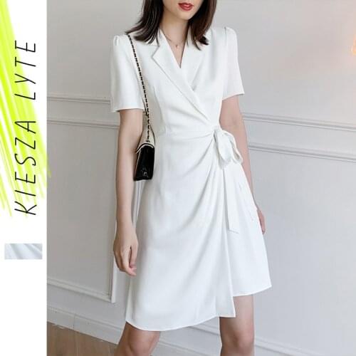 Women White Blazer Dress 2021 Summer French Wrap Lace Up Elegant Short Sleeve Dresses Outfit