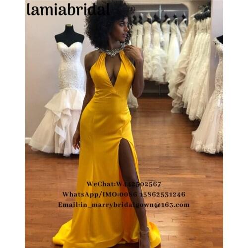 Sexy Yellow Mermaid 2K19 Prom Dresses Plus Size Crystals Black Girls Formal Vestidos De Fiesta Largos 2019 Formal Evening Gowns
