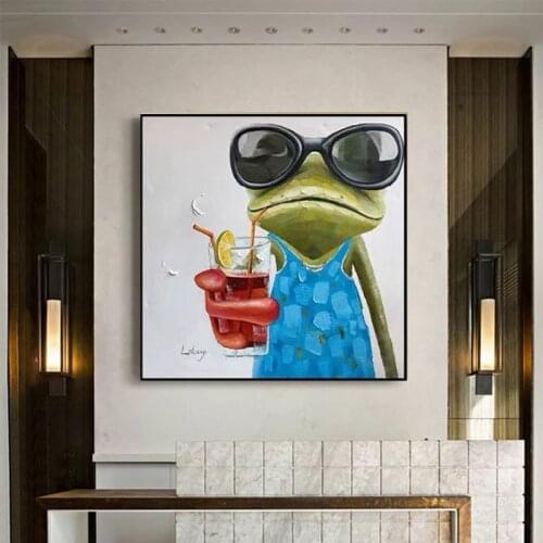 Modern Frog Wearing Glasses Cartoon Animal Hand Painted Oil Painting Wall Art Canvas Painting Hand Painted Wall Poster Picture