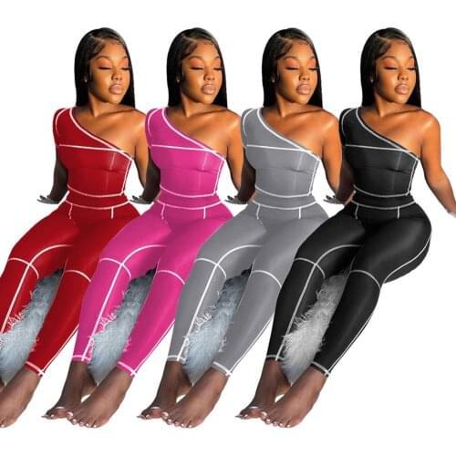 Activewear 2 Pieces Outfits One Shoulder Crew Neck Irregular T Shirt Slim Top Patchwork Tight Long Pants Pencil Pants Tracksuits