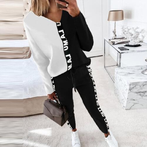 Women Letter Printed Sportswear Suit Contrast Color V-neck Drawstring Pants Tracksuit Summer Sporty Ladies 2 Piece Sets 2021