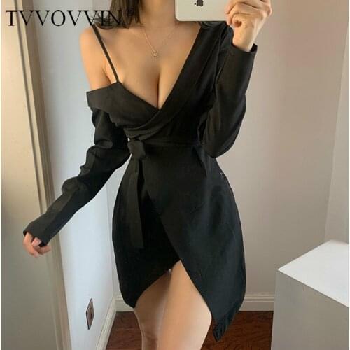TVVOVVIN NEW Fashion Sexy Irregular Off-shoulder Slimming Solid Color Lace Waist Split Temperament Full Sleeve Mini Dress QW74