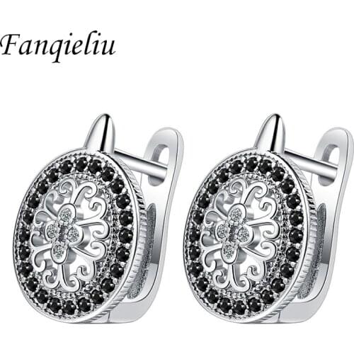 Fanqieliu Hollow Out Black Crystal Hoops Real 925 Sterling Silver Hoop Earrings For Women FQL21237