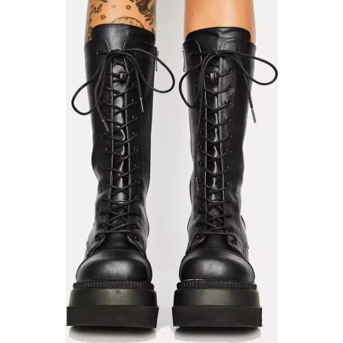 Women High Wedges Heel Punk Goth Zipper Mid Calf Boots Lace-up Chunky Shoes Autumn Winter Casual Bootsr65