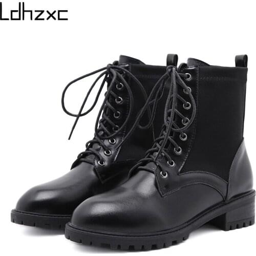LDHZXC 2020 winter Boots Female Women Shoes Ankle boots British Wind Stretch Fabric Slip On Boots Motorcycle Shoes Chunky Heel