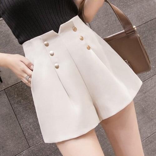 Women 2021 Chic Fashion With Button Pockets Bermuda Shorts Vintage High Waist Back Zipper Wide Leg Pants Female Short Ropa Mujer