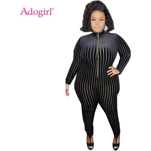 Adogirl Sheer Mesh Velvet Patchwork Stripe Plus Size Jumpsuit XL-5XL Front Zipper Long Sleeve Skinny Casual Romper Women Overall