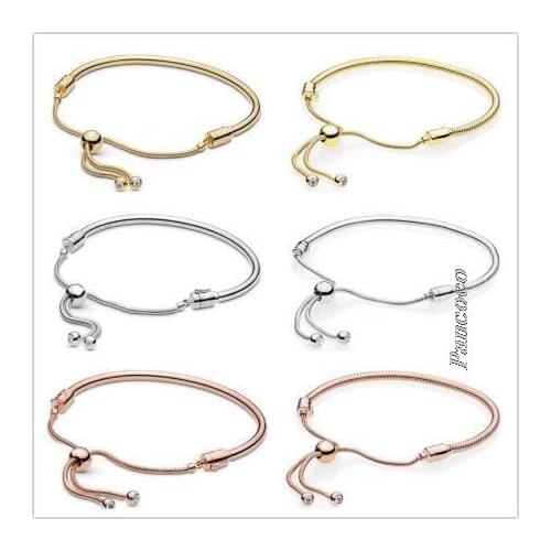 Authentic 925 Sterling Silver Rose Gold Moments Sliding Clasp Adjust Bangle Bracelet Fit Women Bead Charm Fashion Jewelry