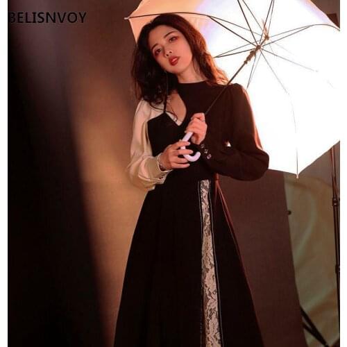 2021 Spring Design One Piece Dress Korea Casual Long Sleeve Lace Elegant Vintage Dress Women Fake Two Piece Sweet Midi Dress Y2k