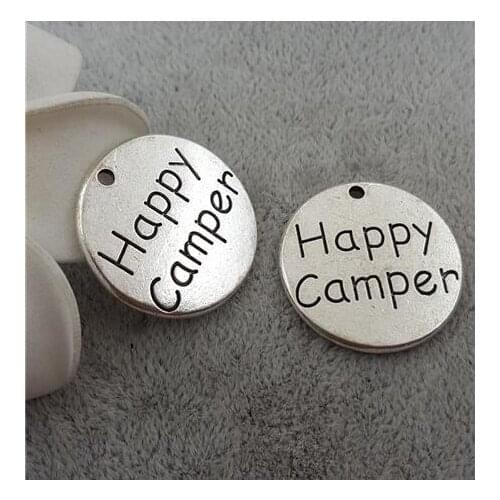 10 Pieces/Lot 25mm Antique Silver Plated Diy Jewelry Metal Round Charm Letter Happy Camper Words Message Charm Pendant