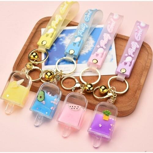 Acrylic Fruit Ice Cream Keychain Summer Strawberry AvocadoLeather Rope Keyfob Ornament Women Couple Bag Car Charm Key Ring Gifts