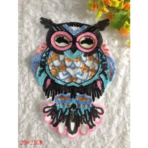 New Large Paillette Owl Fabric Applique Kawaii Animal Birds Stickers DIY Embroidery Sequin Patches for Clothing Sew on Clothes