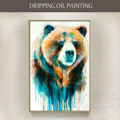 Free Shipping Colorful Wall Art Hand-painted Animal Brown Bear Oil Painting on Canvas Rich Colors Water Style Bear Oil Painting