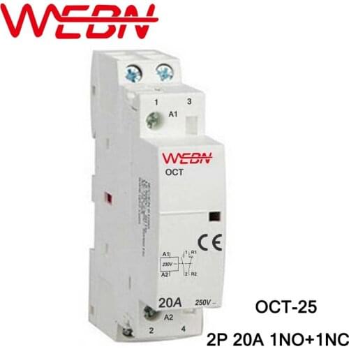 OCT Series AC Household Contactor 230V 50/60Hz 2P 20A 1NO+1NC One Normal Open and One Normal Close Contact Din Rail Contactor