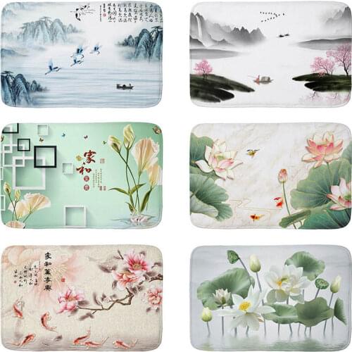 Ink Painting Flower Flannel Anti-Slip Suede Carpet Door Mats Doormats Outdoor 40x60cm Lotus Kitchen Living room Floor Mat Rug