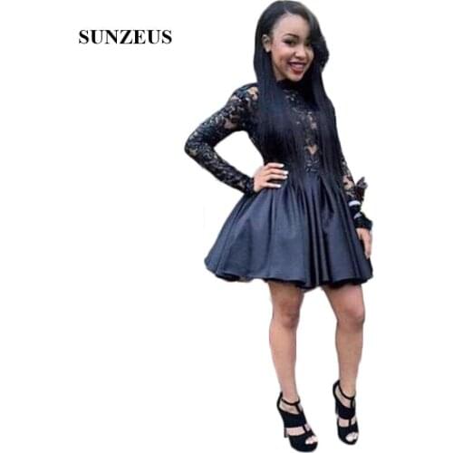 Lace Long Sleeve Black Girls Prom Party Dresses Black Satin Mini Sexy Homecoming Dresses Backless ritorno a casa abiti