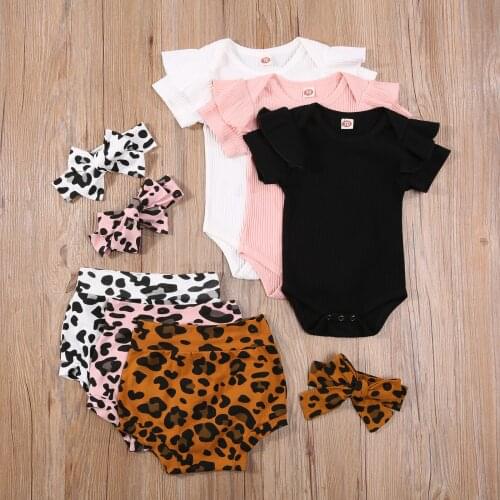 Citgeett Summer Infant Baby Girls Clothes Set Solid Color Short Sleeve Romper Leopard Print Shorts Clothing