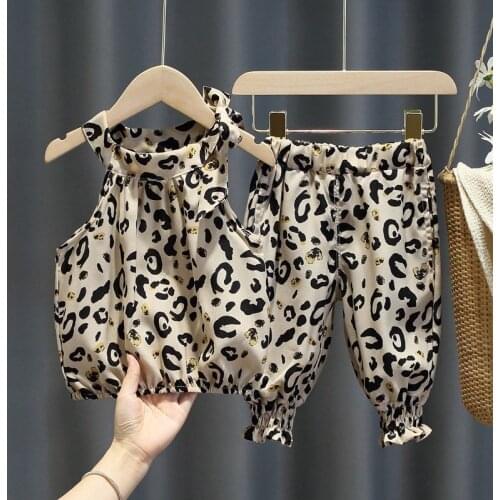2021 Summer Girls Fashion 2pcs Leopad Suit Baby Kids Children Clothing Set Including Shirt+ Pant