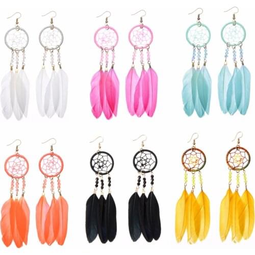 Bohemian Women Dream Catcher Earring Charm Hollow Round Feather Long Drop Earring Trendy Female Party Jewelry pendientes mujer