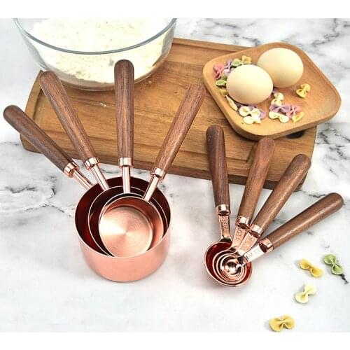 4pieces Stainless Steel Measure Spoons Wood Handle RoseGold Measuring Cups Kitchen Milk Coffee Cake Baking Kitchen Accessory