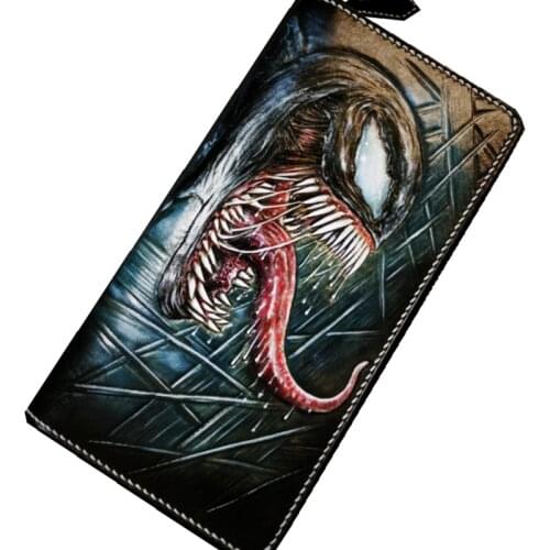 Handmade Genuine Leather Wallets Carving Monster Purses Men Long Clutch Vegetable Tanned Leather Wallet Card Holder