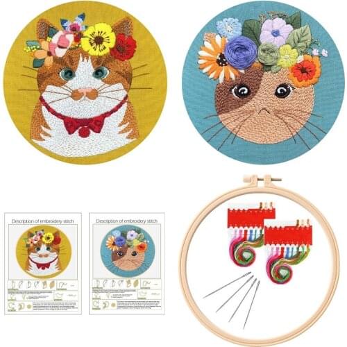 2 Pcs Cat Embroidery Kit for Beginners, Gift Embroidery Starter Kits, Contains all Embroidery Tools, English Manual
