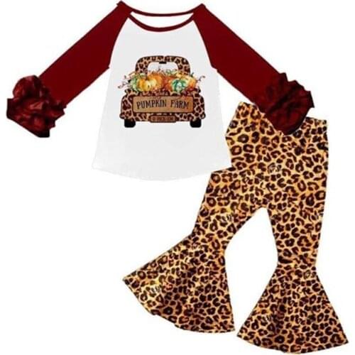 Fall winter thanksgiving day children girl outfits kid girl pumpkin tractor leopard print bell bottom set 66