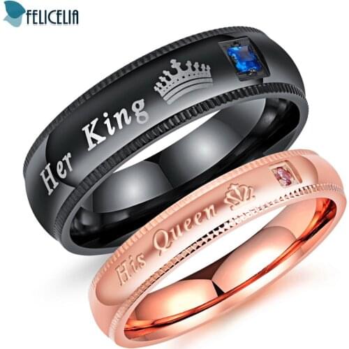 Felicelia Black/Rose Gold Stainless Steel King&Queen Couple Rings for Him and Her Sets Wedding Engagement Band