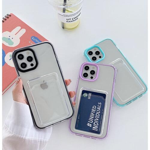 Transparent Card Bag Candy Color Shockproof Phone Case For iPhone 11 12 Pro Max XR X XS Max 8 7 Plus Bumper Soft Back Cover