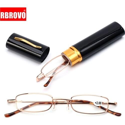 RBROVO Unisex Reading Glasses with Pen Tube Case Portable Presbyopic Glasses Metal Case Spring Hinge Eyeglasses Vision Care