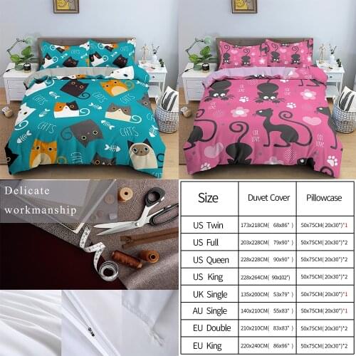 Cartoon Cat Bedding Set Soft Duvet Cover Bed Linen Fitted/Bed Sheet Family Set Twin Queen King Size Kids Bed Home Textiles