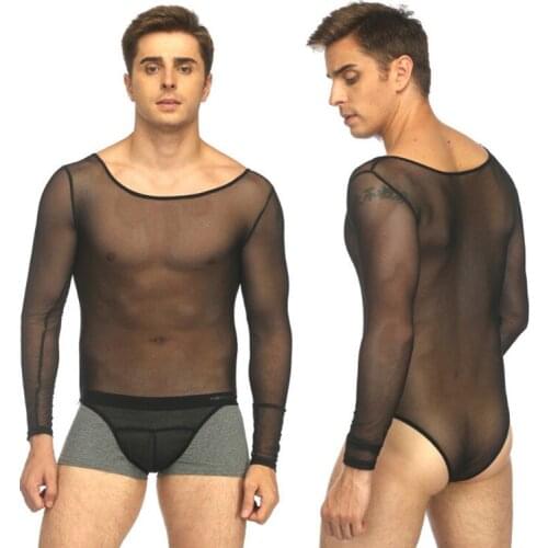 Men sexy transparent mesh long sleeve triangle underwear tight sexy perspective bar dance interest