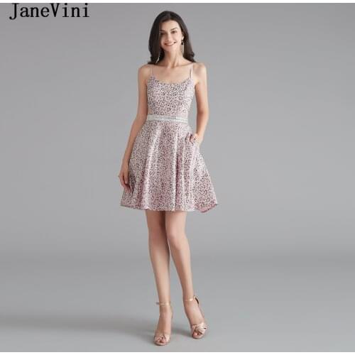 JaneVini Sexy Spaghetti Straps Mini Homecoming Dresses with Pockets A Line Glitter Sequined Beaded Backless Evening Short Dress